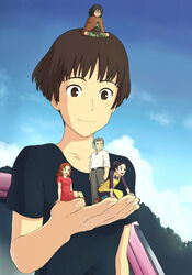  2boys 3girls arrietty black_shirt brown_eyes brown_hair commentary_request company_connection crossover foreshortening gake_no_ue_no_ponyo giant giantess hands homily_(arrietty) indian_style jas_(littlecrime) karigurashi_no_arrietty lisa_(ponyo) md5_mismatch mini_person miniboy minigirl multiple_boys multiple_girls on_head person_on_head pod_(karigurashi_no_arrietty) resolution_mismatch shirt short_hair short_sleeves sitting sitting_on_head sitting_on_person smile source_larger spiller studio_ghibli 