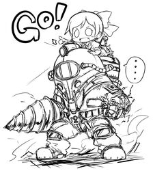  ... 1boy ^^^ armor big_daddy_(bioshock) bioshock_(series) bioshock_1 carrying chibi commentary_request deku_(dekunosu) diving_suit drill drill_hand electricity electrokinesis english_text female full_body greyscale little_sister_(bioshock) monochrome oerba_yun_fang open_mouth piggyback pointing smile spoken_ellipsis standing subject_delta 