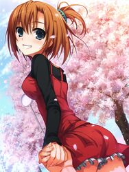  absurdres blue_eyes dress female female hand_holding harada_taiko highres kimi_to_issho_ni official_art red_dress red_outfit sakura solo tomose_shunsaku tree 