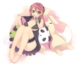  :&lt; =_= anklet arima_kanae barefoot black_bra black_panties blush bow bow_panties bra breasts bridal_garter chemise cleavage earrings feet female frills frog gathers green_eyes hair_ornament highres jewelry kashiwamochi_yomogi lace large_breasts legs lingerie long_hair mature_female mouth_hold original panda panties photoshop_(medium) pink_hair rabbit ring side-tie_panties sitting smile solo stuffed_animal stuffed_toy underboob underwear very_long_hair wedding_ring 