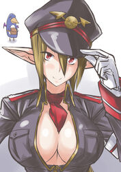  absurdres between_breasts bird black_hat blonde_hair breasts brown_hair cleavage commentary_request disgaea female hand_on_headwear hat hat_tip highres large_breasts makai_senki_disgaea_3 military military_uniform necktie necktie_between_breasts oerba_yun_fang open_clothes penguin pointy_ears prinny red_eyes salvatore_(disgaea) short_hair smile takamura_wamu uniform 