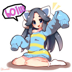  ^^^ animal_ears animification arm_up at_(endroll0) black_hair blue_eyes bob_(undertale) commentary female full_body hair_intakes long_hair looking_at_viewer no_nose no_pants no_shoes notice_lines off_shoulder open_mouth oversized_clothes personification photoshop_(medium) short_eyebrows sidelocks simple_background sitting sleeves_past_fingers sleeves_past_wrists socks solo speech_bubble striped_clothes striped_sweater sweater temmie thick_eyebrows twitter_username undertale wariza white_background white_socks 