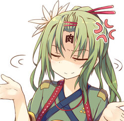  anger_vein annoyed bad_id bad_pixiv_id closed_eyes facial_mark female flower flower_knight_girl forehead_mark green_hair hair_flower hair_ornament hairclip high_ponytail japanese_clothes lolikaku long_hair meat_kanji_on_forehead ponytail sankaku_saboten_(flower_knight_girl) shrugging solo translated upper_body white_background 