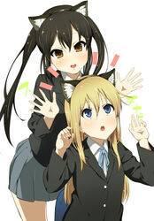  2girls :d animal_ears bad_id bad_pixiv_id black_hair blonde_hair blue_eyes blush brown_hair cat_ears fake_animal_ears girock k-on! kemonomimi_mode long_hair multiple_girls nakano_azusa open_mouth round_teeth saitou_sumire sakuragaoka_high_school_uniform school_uniform skirt smile teeth twintails 