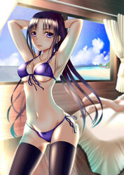  armpits arms_up beach bikini black_hair blue_eyes breasts cleavage commentary_request day female front-tie_top highres indoors long_hair medium_breasts navel original parted_lips ponytail side-tie_bikini_bottom solo_focus standing swimsuit thighhighs window zakuro0508 