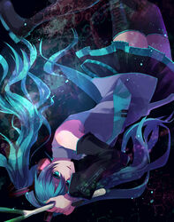  aqua_eyes aqua_hair bad_id bad_pixiv_id detached_sleeves female hatsune_miku highres long_hair necktie nishikawa_(fe) skirt solo spring_onion thighhighs twintails very_long_hair vocaloid 