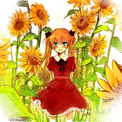  :d aged_down apu aqua_eyes arms_behind_back bad_id bad_pixiv_id blush bow brown_hair dress female flower frills neon_genesis_evangelion open_mouth orange_hair rebuild_of_evangelion red_dress smile solo souryuu_asuka_langley sunflower twintails 