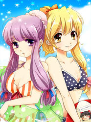  2girls :o adapted_costume ahoge alternate_costume alternate_hairstyle back-to-back ball beachball bikini bikini_skirt blonde_hair blue_bikini blunt_bangs body_blush bow breasts bun_cover chigo cloud commentary_request day frilled_bikini frills front-tie_top hair_over_shoulder hair_ribbon hair_up hairbow hakurei_reimu high_ponytail holding innertube kirisame_marisa large_breasts long_hair looking_at_viewer low-tied_long_hair multiple_girls navel open_mouth outdoors patchouli_knowledge polka_dot polka_dot_bikini polka_dot_swimsuit ponytail purple_eyes purple_hair red_bikini ribbon side-tie_bikini_bottom sky smile sparkle star_(symbol) striped_bikini striped_clothes swim_ring swimsuit touhou transparent vertical_stripes yellow_eyes yukkuri_shiteitte_ne 