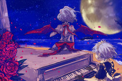  2girls bat_wings commentary_request floating_hair flower from_behind full_moon gloves instrument izayoi_sakuya maid maid_headdress mattie moon multiple_girls night night_sky no_headwear ocean petals piano remilia_scarlet ribbon rose rose_petals short_hair sky star_(sky) starry_sky touhou vampire wind wings 