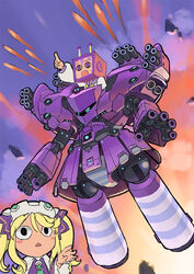  2girls antenna_hair black_eyes blank_eyes blonde_hair blush_stickers closed_eyes commentary_request explosion firing flying gun gundam gundam_unicorn histoire index_finger_raised long_hair long_sleeves mecha mobile_suit multiple_girls neo_zeong nepgyaa neptune_(series) panties parody photoshop_(medium) pointing pointing_forward purple_eyes purple_hair robot school_uniform segamark serafuku sidelocks striped_clothes striped_panties sunset sweat triangle_mouth twintails underwear weapon 