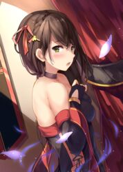  bad_id bad_pixiv_id bare_shoulders black_dress blush braid breasts brown_hair character_request choker crown_braid curtains dress elbow_gloves eyebrows female from_side gloves green_eyes hair_between_eyes hair_ribbon indoors long_hair looking_at_viewer luoxuan_jingjie_xian medium_breasts open_mouth petals red_ribbon ribbon solo strapless strapless_dress suzuame_yatsumi teeth upper_body window 