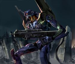  bad_id bad_pixiv_id building city drdklee45 eva_01 gun mecha neon_genesis_evangelion night no_humans pallet_rifle_(evangelion) robot rubble weapon 