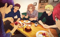  5boys a3! bad_id bad_pixiv_id blonde_hair blue_eyes blue_hair brown_hair closed_eyes coffee commentary_request cup food fork fruit furuichi_sakyou fushimi_omi glasses hyodou_juuza knife male_focus multiple_boys nanao_taichi pancake photo_(object) pink_hair saucer settsu_banri sitting table temk v 