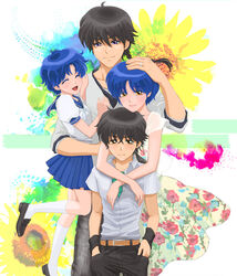  2boys 2girls aged_up black_hair blue_hair braid brother_and_sister casual commentary_request couple father_and_daughter father_and_son height_difference husband_and_wife if_they_mated jewelry mother_and_daughter mother_and_son multiple_boys multiple_girls ranma_1/2 ring saotome_ranma school_uniform serafuku short_hair siblings single_braid straight tendou_akane uzuki_saku wedding_ring 