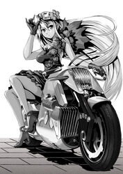  :o bad_id bad_pixiv_id dress female flower gloves goggles goggles_on_head greyscale hair_flower hair_ornament legs long_hair monochrome motor_vehicle motorcycle original sitting solo very_long_hair yuu_(yuyukaikan) 