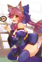  animal_ears bare_shoulders blue_thighhighs blush breasts brown_eyes cleavage commentary_request curvy fate/extra fate_(series) female fox_ears fox_shadow_puppet fox_tail highres japanese_clothes long_hair looking_at_viewer medium_breasts oerba_yun_fang open_mouth pink_hair sitting smile solo speech_bubble tail tamamo_(fate) tamamo_no_mae_(fate/extra) thick_thighs thighhighs thighs wariza yaibaken 