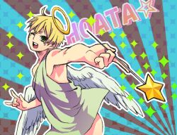  1boy \m/ angel angel_wings axis_powers_hetalia blonde_hair blue_background brown_background commentary_request cowboy_shot feathered_wings green_eyes halo holding holding_wand honnomusi323 looking_at_viewer male_focus one_eye_closed short_hair solo sparkling_aura star_wand sunburst toga traditional_halo united_kingdom_(hetalia) wand white_wings wings 