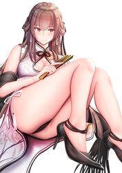  azur_lane bad_id bad_pixiv_id bare_legs breasts brown_hair chin_gero china_dress chinese_clothes cleavage dress female high_heels legs long_hair official_alternate_costume red_eyes smile solo swiftsure_(azur_lane) swiftsure_(beauty_of_white_jade)_(azur_lane) thick_thighs thighs underwear 