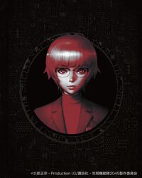  black_background blunt_bangs circuit_board_print commentary expressionless ezaki_purin female ghost_in_the_shell glasses highres ilya_kuvshinov jacket lips looking_at_viewer official_art outside_border portrait promotional_art red_theme short_hair solo turtleneck very_short_hair 