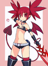  armlet bare_shoulders belt black_bra black_choker black_footwear black_gloves black_shorts boots bra bracelet bright_pupils choker closed_mouth cowboy_shot demon_tail demon_wings disgaea earrings elbow_gloves elder_spear etna_(disgaea) female gloves highres holding holding_polearm holding_weapon jewelry looking_at_viewer makai_senki_disgaea midriff navel pointy_ears polearm red_eyes red_hair red_thighhighs shiny_skin short_hair short_shorts shorts skull_earrings slit_pupils smile solo spear spiked_hair standing suaman tail thigh_boots thighhighs thighs twintails underwear weapon white_belt wings 