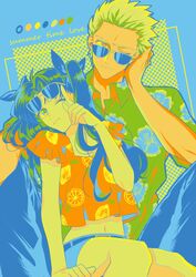  1boy adjusting_eyewear alternate_costume archer_(fate) arm_up bad_id bad_pixiv_id belt blue_background closed_mouth collared_shirt commentary_request couple cropped_shirt english_text fate/stay_night fate_(series) female floral_print forehead green_shirt hawaiian_shirt highres lemon_print long_hair looking_at_viewer midriff navel one_eye_closed orange_print pants shimatori_(sanyyyy) shirt short_sleeves simple_background sitting smile straight sunglasses tohsaka_rin twintails 