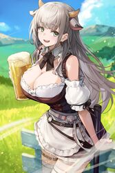  :d alcohol animal_ears apron bare_shoulders beer beer_mug black_bow black_bowtie blue_sky bow bowtie breasts cleavage cloud commentary cow_ears cow_horns cowboy_shot cup day detached_collar detached_sleeves dirndl female german_clothes goomrrat grass grey_hair highres hololive horns kemonomimi_mode large_breasts long_hair looking_at_viewer mug official_alternate_costume official_alternate_hair_length official_alternate_hairstyle open_mouth outdoors puffy_short_sleeves puffy_sleeves shirogane_noel shirogane_noel_(dirndl) shirt short_sleeves sky smile solo standing thigh_strap thighhighs very_long_hair virtual_youtuber waist_apron white_apron white_shirt white_thighhighs zettai_ryouiki 