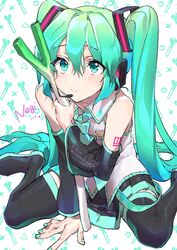  aqua_nails bare_shoulders between_legs black_footwear black_skirt black_sleeves blush boots closed_mouth commentary detached_sleeves female food frilled_shirt frills green_eyes green_hair hair_between_eyes hand_between_legs hatsune_miku headset highres holding holding_food holding_spring_onion holding_vegetable long_hair nail_polish pleated_skirt protected_link romaji_commentary shirt sitting skirt sleeveless sleeveless_shirt solo spring_onion thigh_boots thighhighs twintails vegetable very_long_hair vocaloid wariza wata_(attaka_towel) white_shirt 