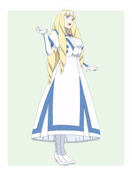  big_hair blonde_hair blue_eyes boots brooch commentary cosplay dianna_soreil dress drill_hair female frilled_dress frills gasora gloves gundam highres jacket jewelry kihel_heim kihel_heim_(cosplay) photoshop_(medium) smile turn_a_gundam white_dress white_footwear white_gloves 