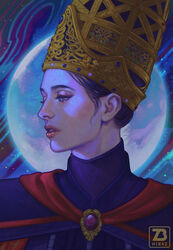  absurdres black_hair blue_eyes blue_robe brooch conical_hat elden_ring female full_moon gem gold_headwear half-closed_eyes high_collar highres jeweled_hat jewelry large_hat looking_to_the_side making-of_available moon night night_sky nir4z open_mouth ornate_clothes painterly parted_lips pink_lips portrait purple_gemstone red_sash rennala_queen_of_the_full_moon robe sash short_hair single_sidelock sky tall_hat 