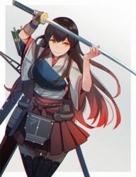  akagi_(kancolle) akagi_kai_ni_(kancolle) brown_eyes brown_gloves brown_hair commentary cowboy_shot female gloves hair_between_eyes hakama hakama_short_skirt hakama_skirt holding holding_sword holding_weapon japanese_clothes kantai_collection kasumi_(skchkko) katana long_hair muneate partially_fingerless_gloves red_hakama skirt smile solo sword tasuki weapon yugake 