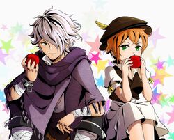  1boy apple bracelet brown_hair cloak dress female food fruit green_eyes hair_over_one_eye hat highres jewelry necklace niyasu octopath_traveler octopath_traveler_i open_mouth scarf short_hair simple_background smile therion_(octopath_traveler) tressa_colzione white_hair 