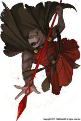  1boy bad_id bad_pixiv_id black_cape black_sclera cape colored_sclera commentary copyright_notice dated furry furry_male highres holding holding_polearm holding_weapon lizardman male_focus mentaikopan muscular muscular_male open_mouth polearm rak_wraithraiser red_eyes sharp_teeth simple_background solo spear teeth tower_of_god tsurime watermark weapon white_background 