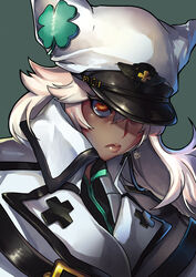  absurdres blonde_hair clover dark-skinned_female dark_skin female four-leaf_clover guilty_gear guilty_gear_strive hannah_santos hat high_collar highres lips looking_at_viewer medium_hair portrait ramlethal_valentine solo_focus white_headwear yellow_eyes 