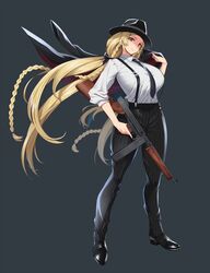  black_bow black_footwear black_hat black_necktie blonde_hair bow braid breasts collared_shirt female green_eyes grey_background gun hairbow hat highres holding holding_clothes holding_gun holding_jacket holding_weapon jacket kloah large_breasts last_origin legs_apart long_hair necktie nymph_(last_origin) official_art pants pinstripe_jacket pinstripe_pants pinstripe_pattern shirt solo striped submachine_gun suspenders taut_clothes taut_shirt thompson_submachine_gun unworn_jacket weapon white_shirt 