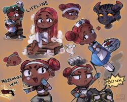  1boy absurdres alternate_costume animification apex_legends arm_warmers black_headwear blue_dress blue_gloves blush bonk box brown_eyes chibi clip_studio_paint_(medium) d.o.c._health_drone dark-skinned_female dark_skin death_box_(apex_legends) demon_girl demon_horns double_bun dress energy_gun english_commentary female freckles from_the_ashes_lifeline ghost gloves goggles gun hair_behind_ear hair_bun hair_ornament halo handgun headband highres horns hug lifeline_(apex_legends) long_hair mask meme mouth_mask mozambique_here_(meme) naked_towel nurse octane_(apex_legends) one_eye_closed open_mouth orange_background orange_eyes pirate_queen_lifeline punching robot sa-3_mozambique skull_hair_ornament tearing_up tongue tongue_out towel weapon white_headband wiki_(juicykiwi) 