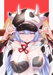  animal_ears animal_print bare_shoulders bikini blue_hair blush breasts catura_(granblue_fantasy) cleavage cow_ears cow_girl cow_hat cow_horns cow_print d-l-l detached_collar detached_sleeves draph ear_piercing fake_animal_ears female granblue_fantasy hands_up horns large_breasts long_hair looking_at_viewer navel open_mouth piercing pink_eyes pointy_ears see-through solo swimsuit thighs white_bikini wide_sleeves 