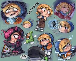  1boy ? absurdres animification apex_legends apron black_hair black_jacket blue_sweater bodysuit brown_apron character_name chibi clip_studio_paint_(medium) cloud crypto_(apex_legends) cyber_punked_wattson electricity english_commentary eyepatch female flower green_background highres hood hooded_jacket horns jacket kneeling looking_back loot_tick mechanical_arms nessie_(respawn) one_eye_covered open_mouth orange_jacket pants petting pink_hair pout scar scar_on_cheek scar_on_face scared short_hair single_mechanical_arm sleeping smile stuffed_toy sweater wattson_(apex_legends) white_bodysuit white_pants wiki_(juicykiwi) 