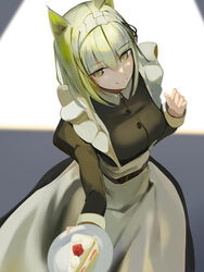  animal_ears apron arknights black_dress black_ribbon blurry blurry_background buttons cake cat_ears cowboy_shot dress female food green_eyes green_hair grey_background hair_between_eyes hair_ribbon highres holding holding_plate kal&#039;tsit_(arknights) looking_at_viewer maid maid_headdress official_alternate_costume plate ribbon short_hair simple_background sinoda smile solo two-tone_background white_apron white_background white_headwear 