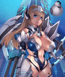  absurdres android bare_shoulders blonde_hair blue_eyes breasts building cowboy_shot di_allez_series facing_viewer female headgear highres large_breasts long_hair looking_ahead mecha_musume original parted_lips phantasy_star phantasy_star_online_2 phantasy_star_online_2_new_genesis skyscraper solo standing straight_hair tahnya very_long_hair 