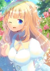  ;d blonde_hair blue_eyes blurry blurry_background blush breasts choker cleavage commentary_request criss-cross_halter day depth_of_field dress female flower frilled_choker frilled_dress frills halterneck hands_up juliet_sleeves kou_hiyoyo long_hair long_sleeves looking_at_viewer medium_breasts one_eye_closed open_mouth outdoors phantasy_star phantasy_star_online_2 ponytail protagonist_(pso2) puffy_sleeves red_flower red_rose rose smile solo upper_body very_long_hair white_choker white_dress 