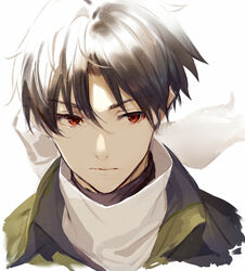  1boy 86_-eightysix- black_hair closed_mouth collared_shirt commentary_request green_shirt highres looking_to_the_side male_focus red_eyes scar scar_on_neck scarf shinei_nouzen shirabi shirt short_hair solo white_background 