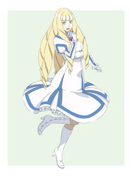  big_hair blonde_hair blue_eyes boots brooch commentary cosplay dianna_soreil dress drill_hair female frilled_dress frills gasora gloves gundam highres jacket jewelry kihel_heim kihel_heim_(cosplay) open_mouth photoshop_(medium) smile turn_a_gundam white_dress white_footwear white_gloves 