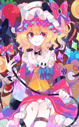  ascot bad_id bad_twitter_id black_bow black_choker blonde_hair blush bow chains choker commentary crystal detached_sleeves feet_out_of_frame female flandre_scarlet food frilled_skirt frills fruit hat hat_bow highres holding laevatein_(touhou) looking_at_viewer medium_hair mob_cap one_side_up polka_dot polka_dot_bow red_bow red_eyes red_skirt red_sleeves red_vest scar skirt skull slit_pupils smile solo strawberry stuffed_animal stuffed_toy teddy_bear thigh_strap touhou twitter_username umemaro_(siona0908) vest white_hat wide_sleeves wings wrist_cuffs yellow_ascot 