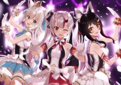  3girls absurdres ahoge animal_ears arm_strap ayafubumi_(hololive) bare_shoulders black_hair blue_bow borumete bow bowtie breasts commentary_request crown fox_ears fox_girl gloves green_eyes hair_between_eyes hair_ornament hairbow hairclip highres hololive hololive_idol_uniform horns idol idol_clothes light_particles long_hair looking_at_viewer medium_breasts midriff mini_crown multicolored_hair multiple_girls nakiri_ayame navel oerba_yun_fang official_alternate_costume one_eye_closed ookami_mio open_hands open_mouth pleated_skirt red_bow red_eyes red_hair shirakami_fubuki shirt sidelocks skin-covered_horns skin_fang skirt twintails two-tone_hair virtual_youtuber white_gloves white_hair white_shirt wolf_ears wolf_girl yellow_eyes 