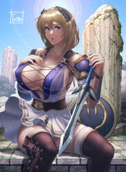  absurdres blonde_hair blue_eyes breasts collarbone cross-laced_clothes cross-laced_footwear day female highres large_breasts laurel_crown long_hair looking_at_viewer outdoors parted_lips ruins see-through shield shoulder_pads sitting solo sophitia_alexandra soulcalibur soulcalibur_vi sunlight sword thighhighs tomo_eokaiteru vambraces weapon 