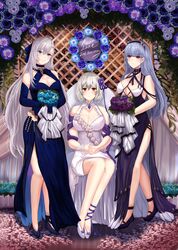  3girls absurdres azur_lane bare_shoulders belfast_(azur_lane) belfast_(the_noble_attendant)_(azur_lane) black_hairband blue_dress blue_eyes blue_gloves blue_hair blue_petals blue_sealad bouquet braid breasts cleavage cleavage_cutout clothing_cutout criss-cross_halter dido_(anxious_bisque_doll)_(azur_lane) dido_(azur_lane) dress elbow_gloves flower french_braid gloves hair_flower hair_ornament hairband halter_dress halterneck high_heels highres large_breasts long_dress long_hair medium_hair multiple_girls official_alternate_costume purple_dress red_eyes rose sirius_(azur_lane) sirius_(white_rose)_(azur_lane) sitting sleeveless sleeveless_dress very_long_hair white_dress white_flower white_hair white_rose 