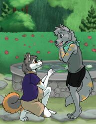  absurd_res anthro canid canine canis curlyshep domestic_dog duo ear_piercing flower fountain fur garden german_shepherd grey_body grey_fur herding_dog hi_res husky industrial_piercing kneeling lou_(thewolf) male male/male mammal married_couple multicolored_body multicolored_fur nordic_sled_dog on_one_knee outside pastoral_dog piercing plant proposal propositioning rhari romantic spitz wolf 