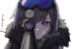  absurdres aiming aiming_at_viewer andreana_(arknights) arknights blue_eyes blue_hair female fur-trimmed_jacket fur_trim goggles goggles_on_head gun highres horn/wood jacket mask mask_pull mouth_mask scope sniping translated weapon white_background 