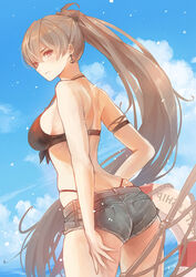  anchor_earrings armband ass azur_lane bikini bikini_under_clothes blue_sky bow breasts brown_bikini butt_crack closed_mouth cloud commentary_request cowboy_shot cutoff_jeans cutoffs day denim denim_shorts earrings female from_behind front-tie_bikini_top front-tie_top hairbow hammock high_ponytail highres jean_bart_(azur_lane) jean_bart_(private_apres_midi)_(azur_lane) jewelry lifebuoy light_brown_hair linea_alba long_hair medium_breasts ocean official_alternate_costume outdoors red_eyes sea_nami short_shorts shorts shoulder_blades sideboob skindentation sky solo standing strap_gap swim_ring swimsuit thighs very_long_hair 