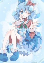  :d ;d ahoge arm_warmers artist_name bad_id bad_twitter_id bloomers blue_bow blue_dress blue_eyes blue_footwear blue_hair blush boots bow brown_bow brown_capelet buttons capelet cirno commentary diamond-shaped_pupils diamond_(shape) diamond_button dress eyebrows_visible_through_hair female full_body fur_trim hair_between_eyes hairbow hands_up highres ice ice_wings knees_together_feet_apart knees_up looking_at_viewer medium_hair one_eye_closed open_mouth smile solo symbol-shaped_pupils touhou umemaro_(siona0908) underwear w white_bloomers wings 